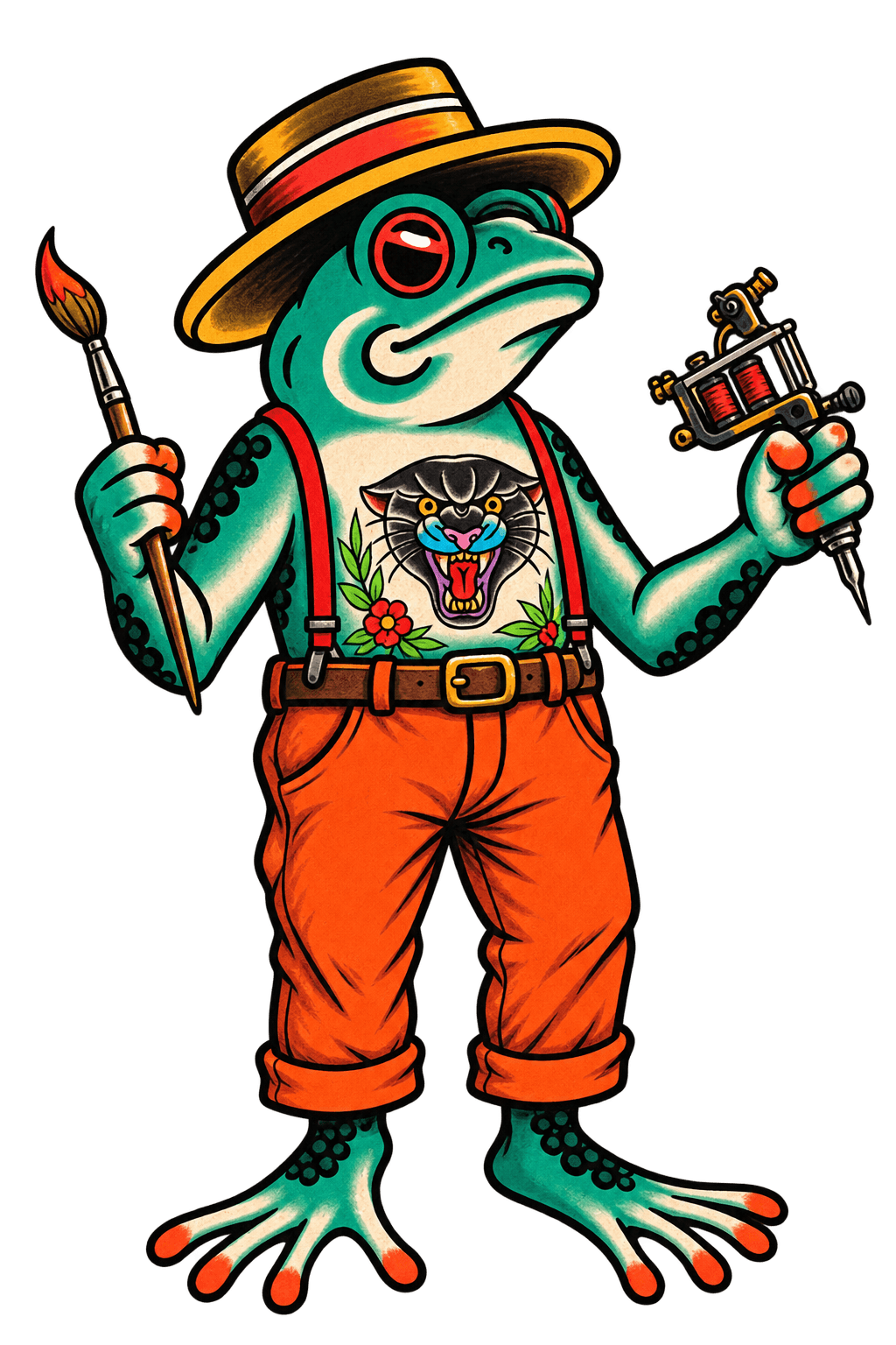 The West TN Tattoo & Art Festival mascot — a hand-drawn teal frog in orange pants and red suspenders, holding a paintbrush in one hand and a tattoo machine in the other, with a panther tattoo on his chest and a boater hat